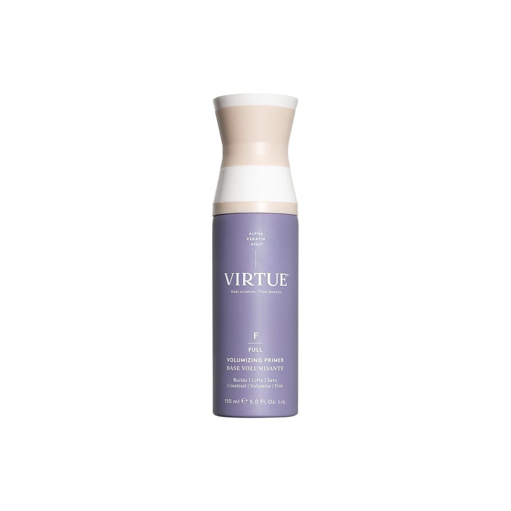 Virtue Volumizing Hair Primer Spray bottle front view showing compact design for root lift.