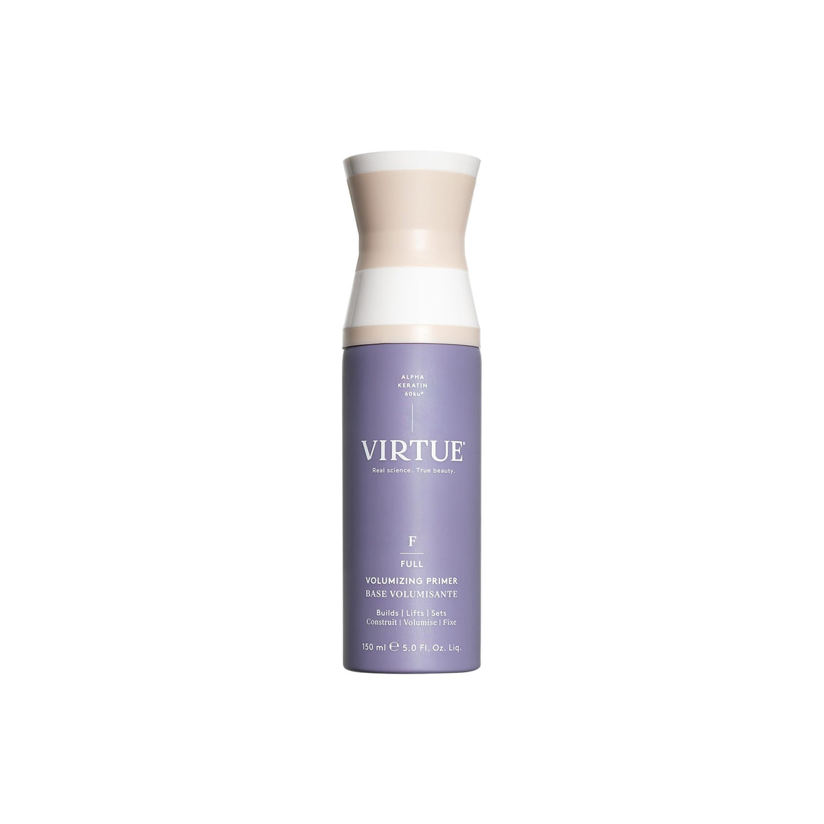 Virtue Volumizing Hair Primer Spray bottle front view showing compact design for root lift.