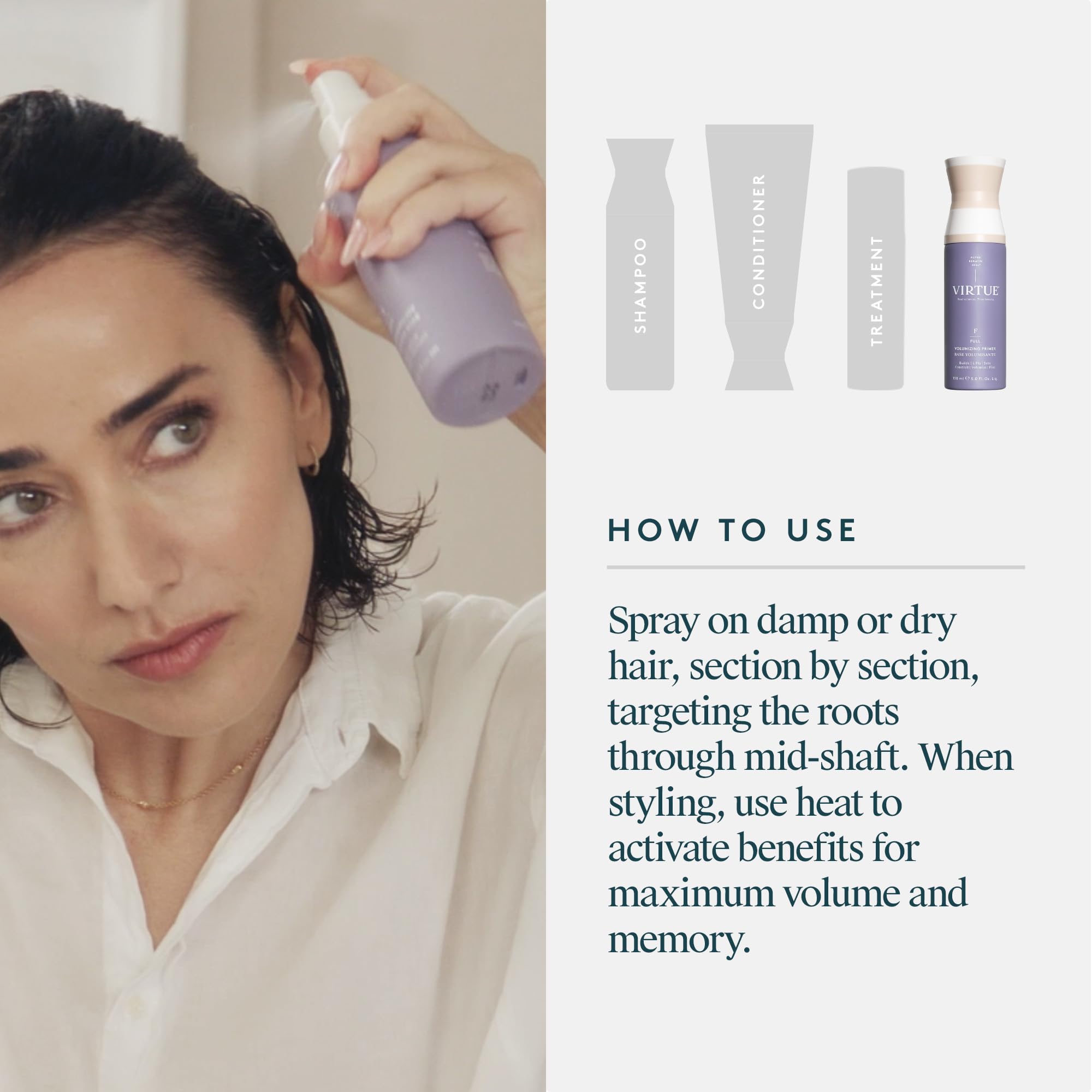 Virtue Volumizing Hair Primer Spray safe for color-treated hair illustration.
