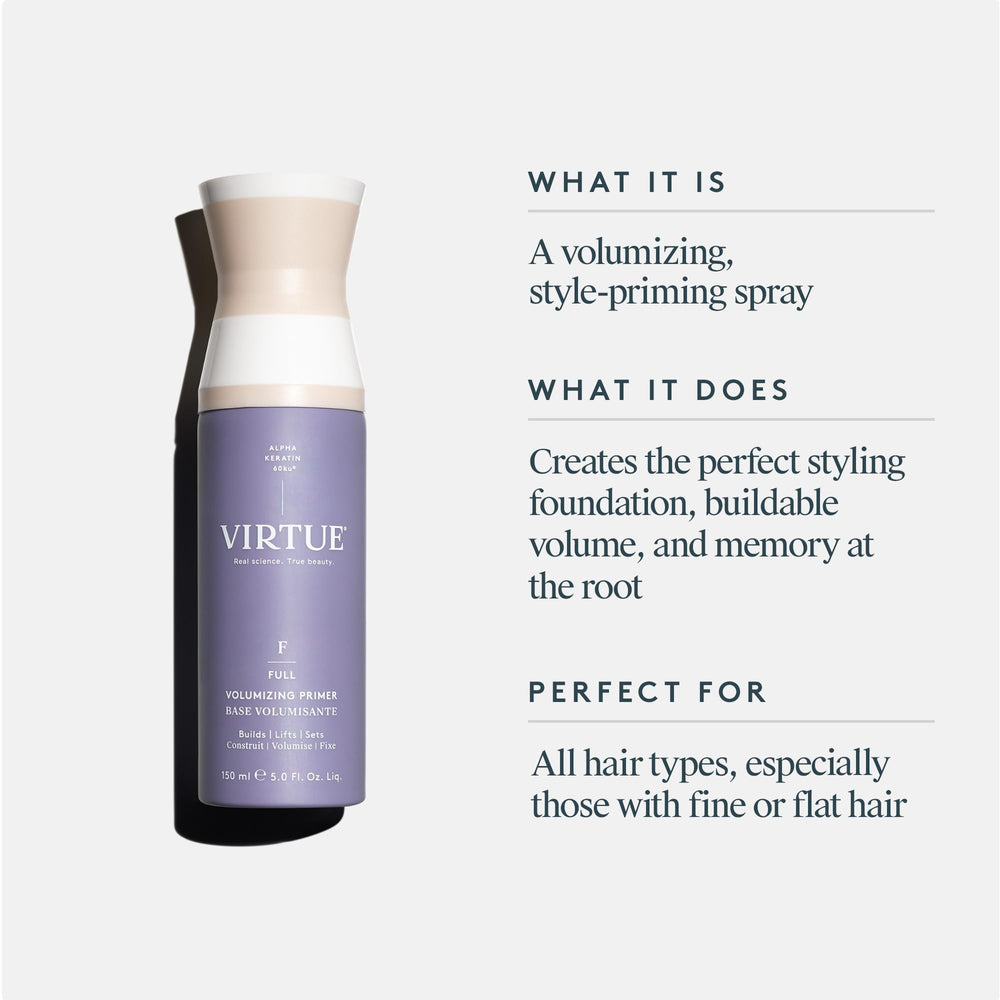 Virtue Volumizing Hair Primer Spray mist application on hair demonstrating even distribution.