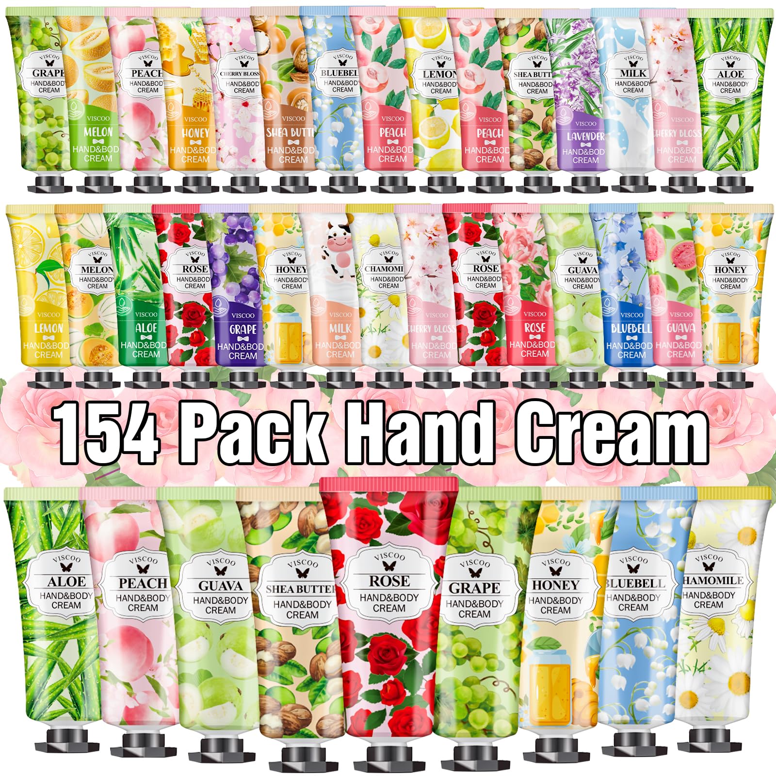 VISCOO 154 Pack Hand Cream bulk set showcases diverse scents for gifting and everyday moisture.
