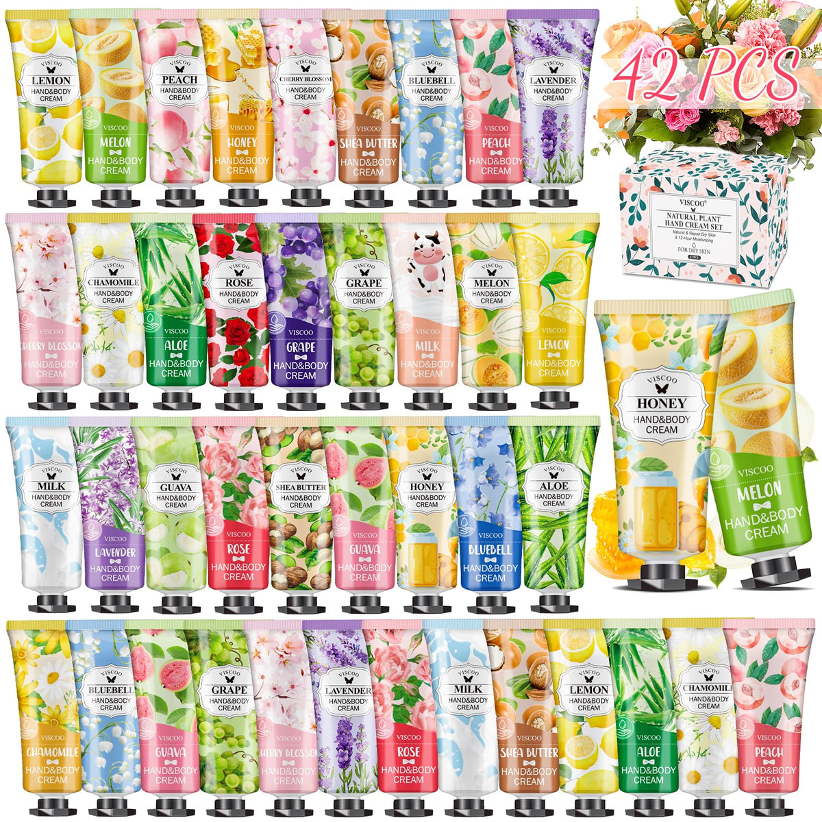 VISCOO 42-pack rose-fragrance hand cream for daily hydration and mood-boosting moments.