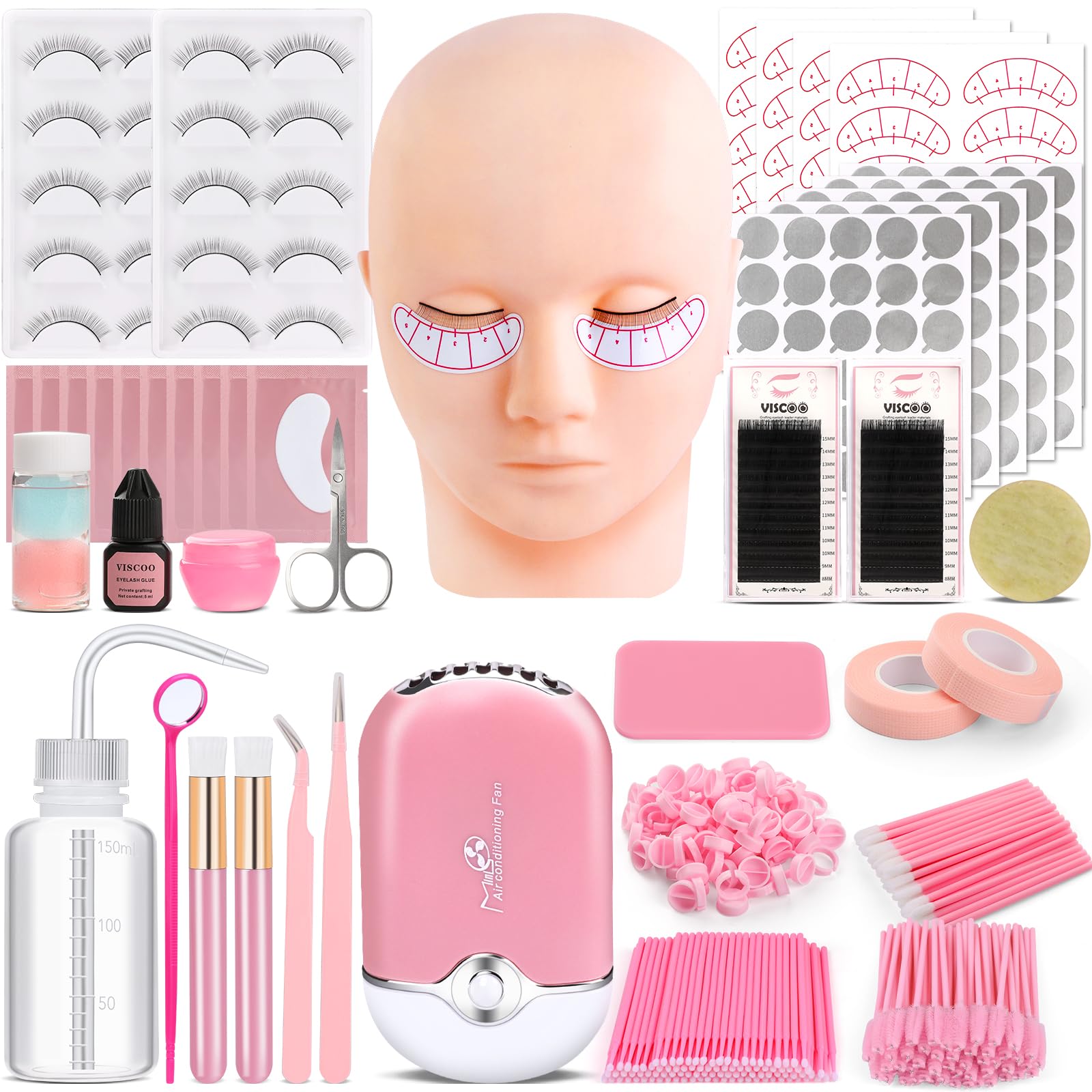 VISCOO eyelash extension kit mannequin head for realistic practice sessions and makeup training.