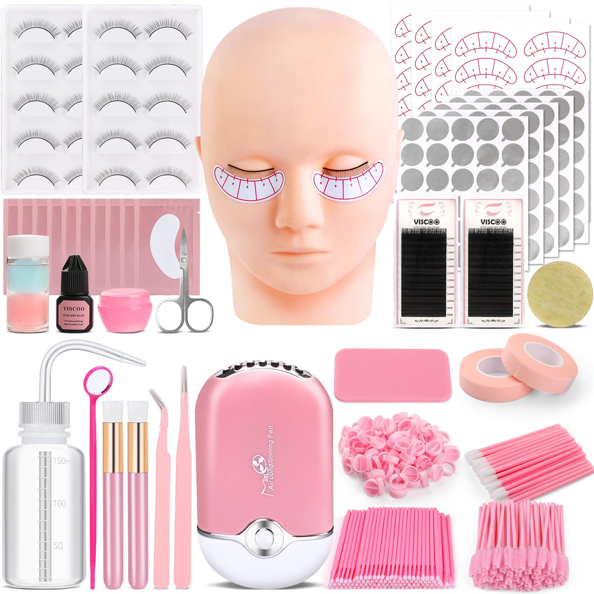VISCOO eyelash extension kit mannequin head for realistic practice sessions and makeup training.