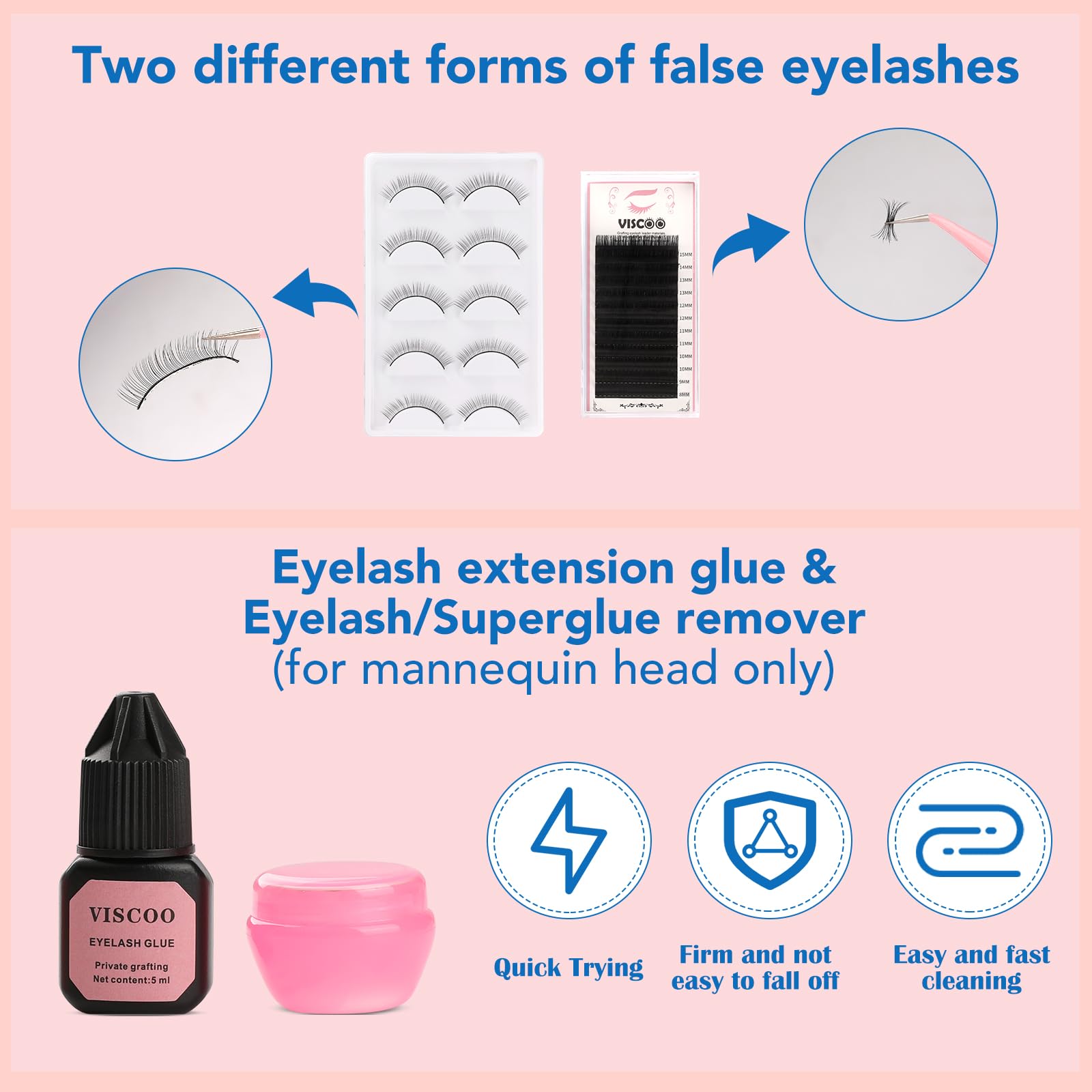 VISCOO stainless steel tweezers enable precise grip on small lashes.