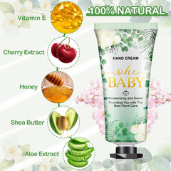 VISCOO Oh Baby hand lotion close-up showing cherry blossom scent for quick moisturization.