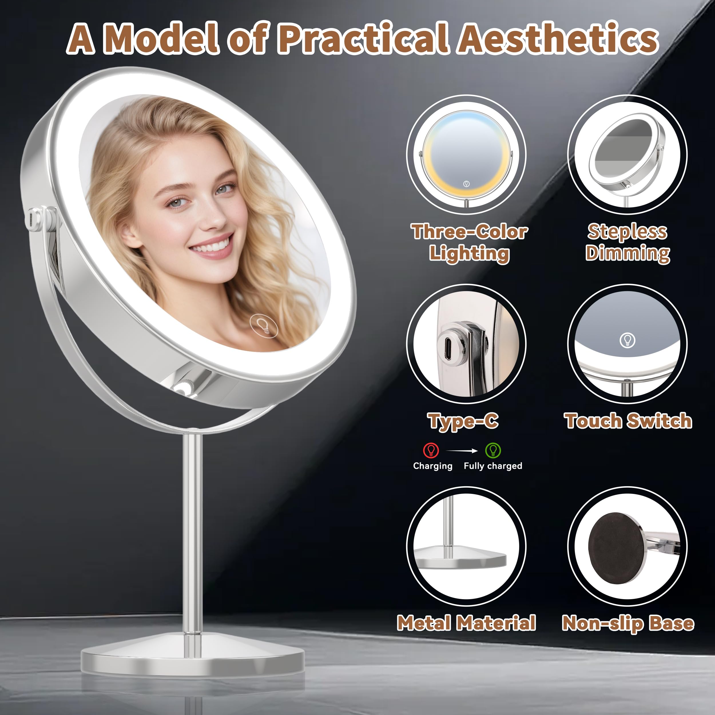 VisionSphere rechargeable mirror with 2000mAh battery provides wireless styling sessions.