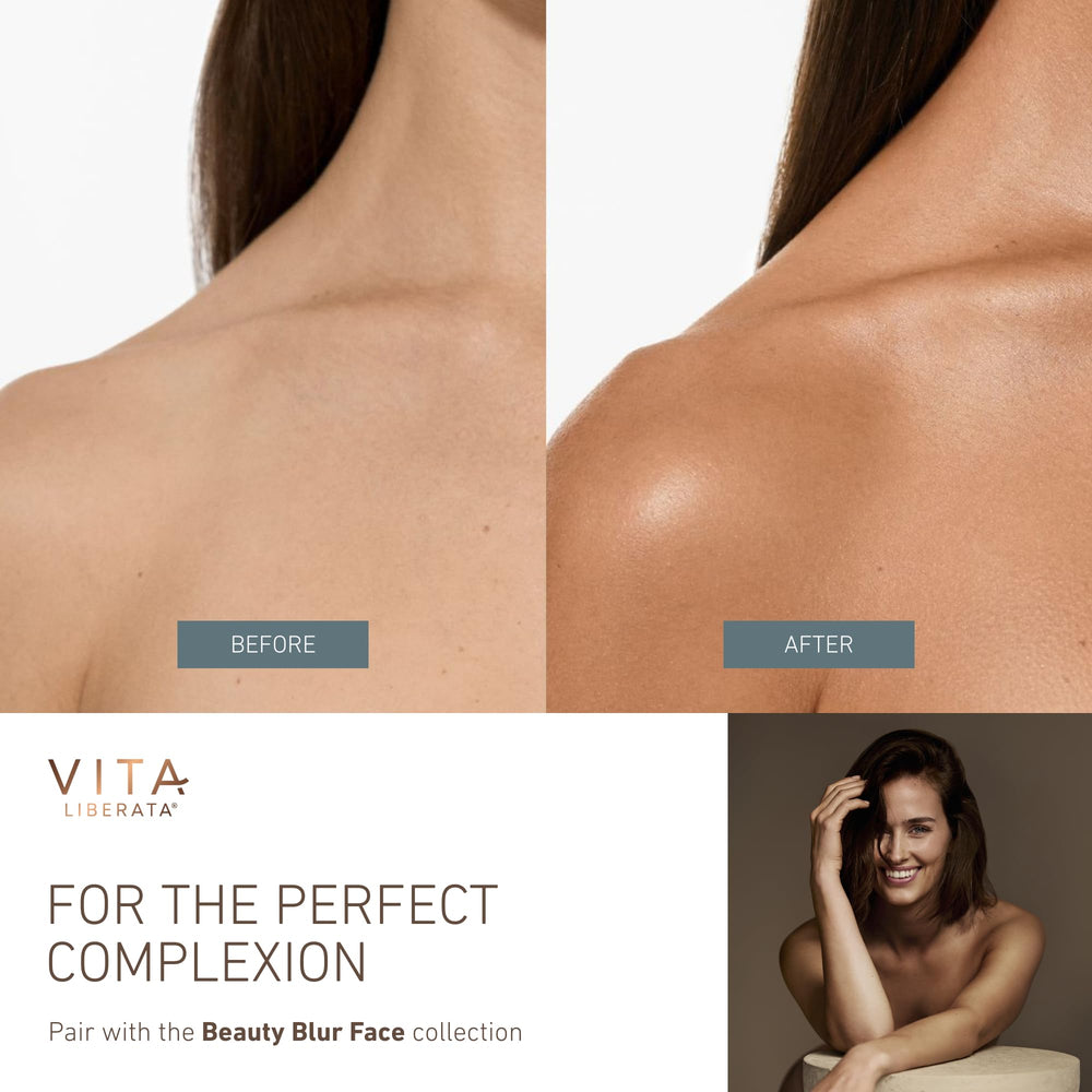 Vita Liberata Body Blur before-after panel illustrating natural enhancement without bronzing