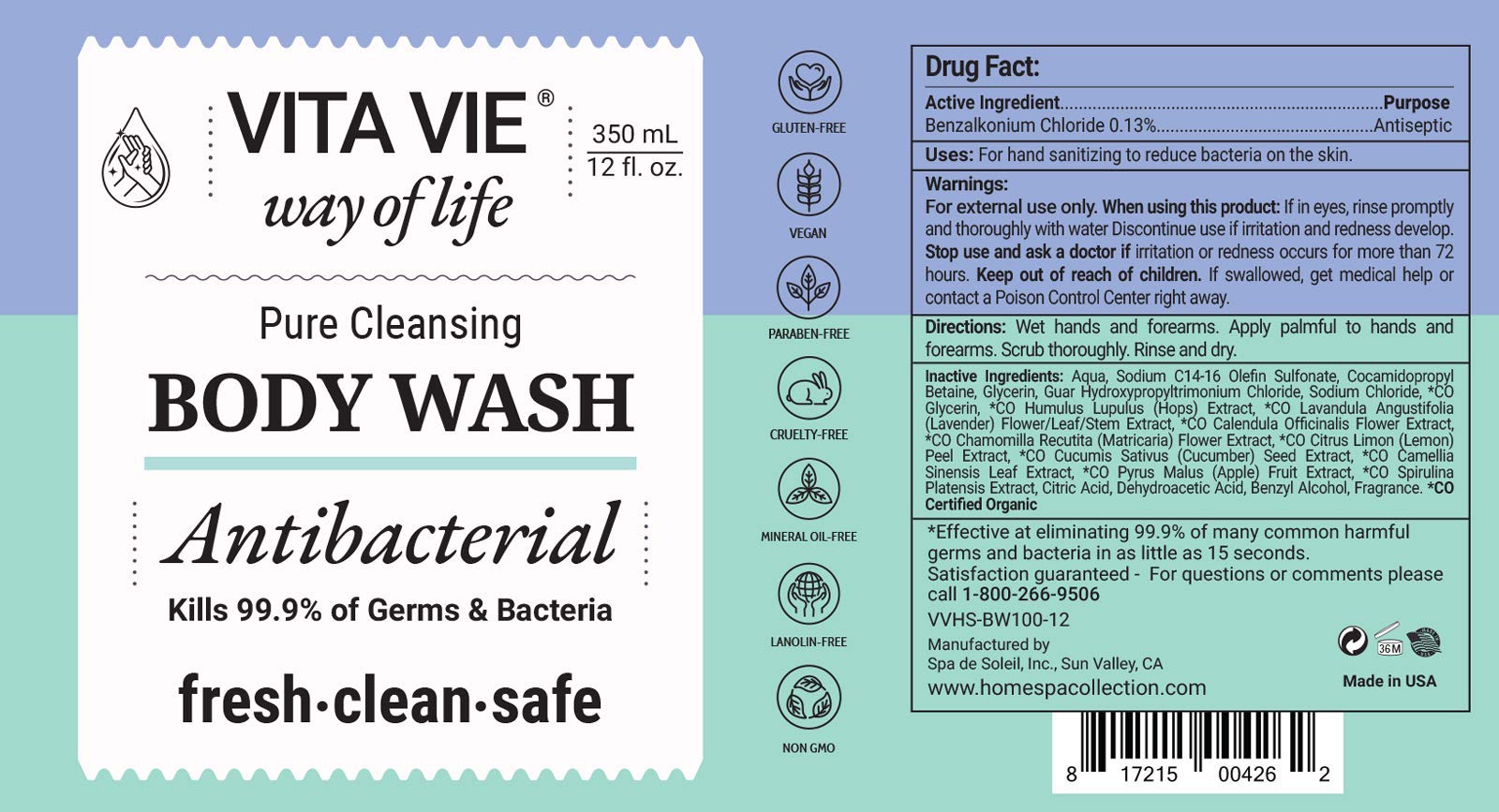 Vita Vie antibacterial body wash with rich lather demonstrating cleansing action
