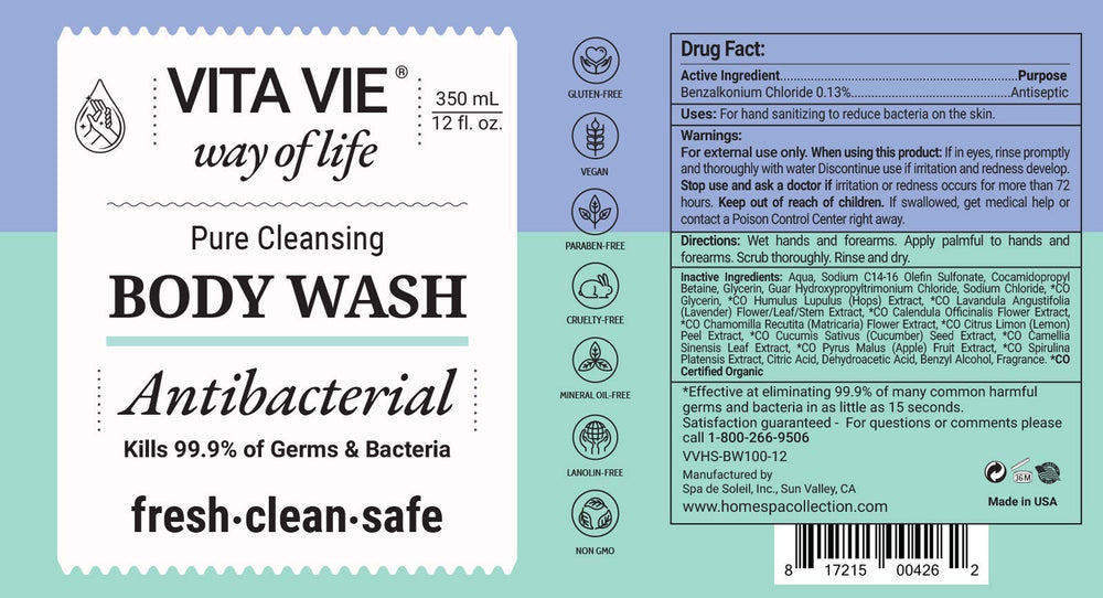 Vita Vie antibacterial body wash with rich lather demonstrating cleansing action