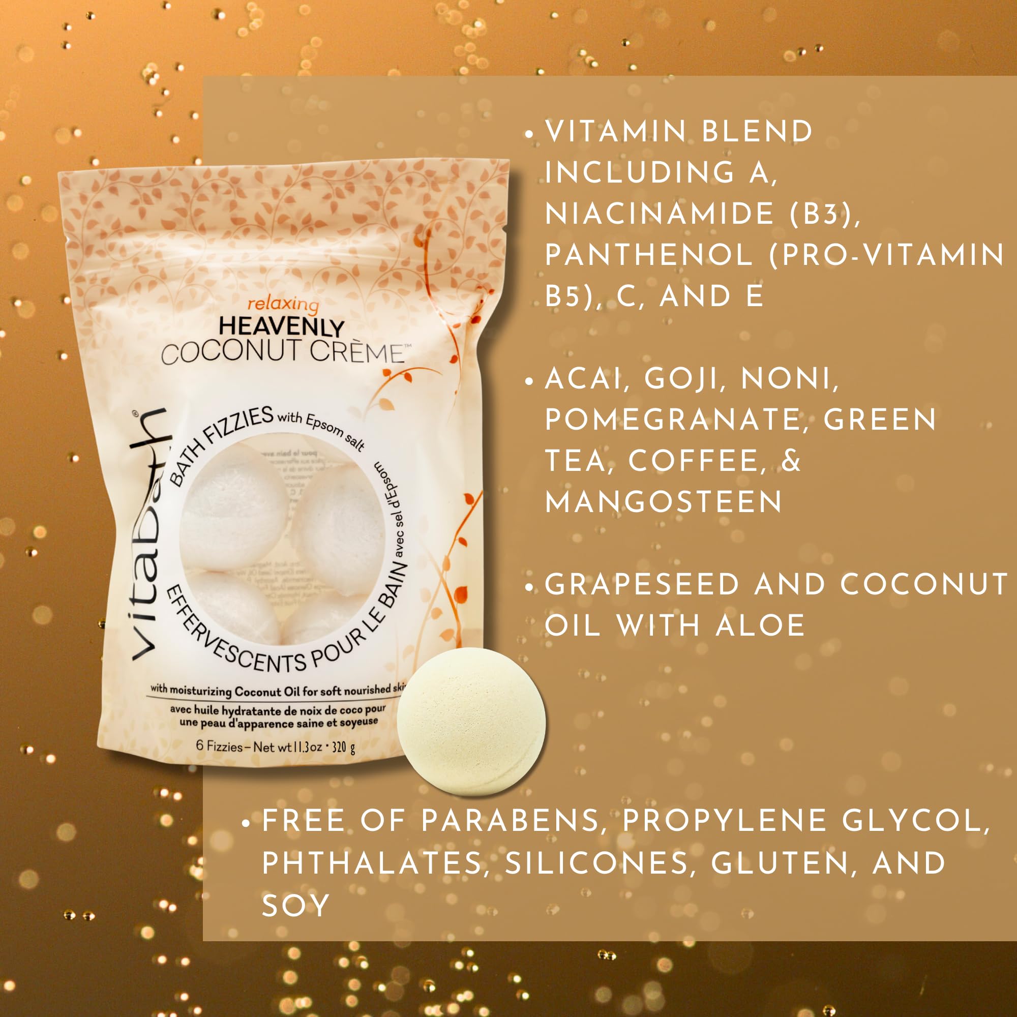 Vitabath Heavenly Coconut Creme Bath Fizzies jar closeup showing nourishing oils for skin support