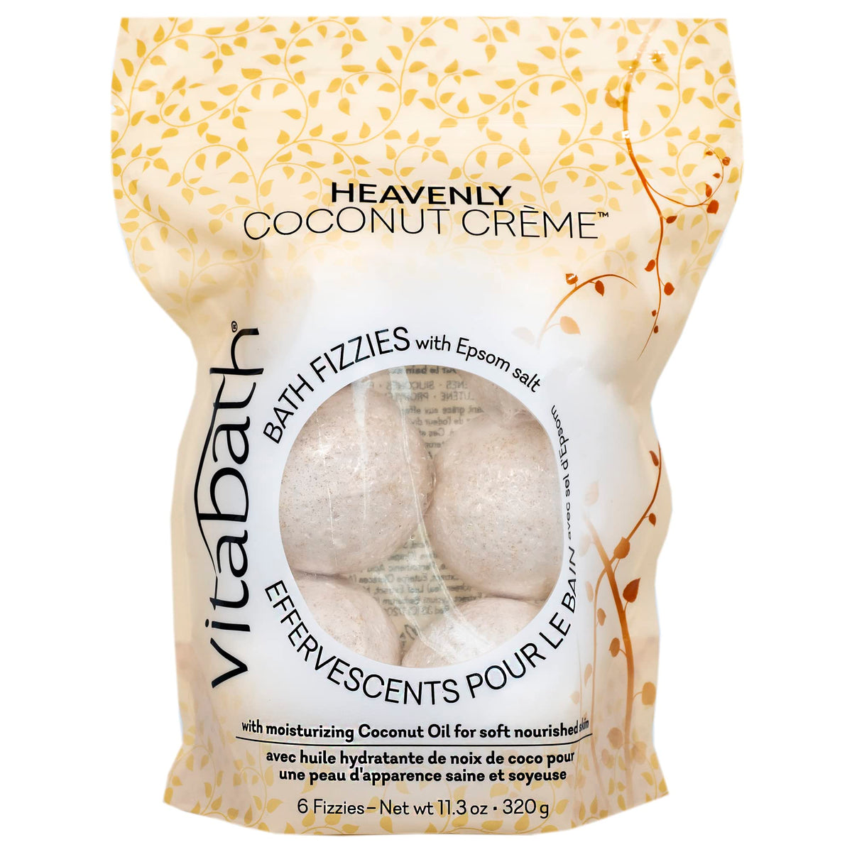Vitabath Heavenly Coconut Creme Bath Fizzies packaging highlighting premium ingredients for a relaxing soak