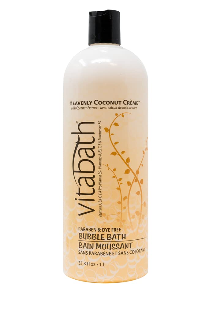 Vitabath Heavenly Coconut Creme Bubble Bath bottle promises rich lather for indulgent tub time.