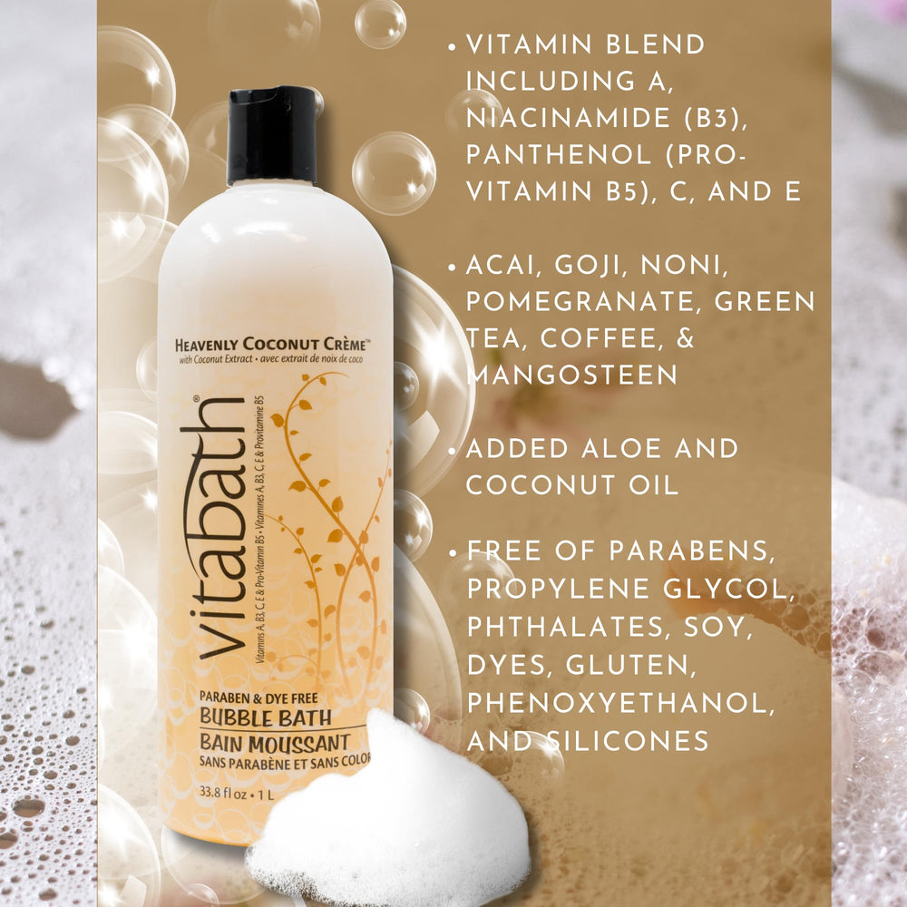 Foam close-up from Vitabath Heavenly Coconut Creme Bubble Bath shows creamy bubbles.