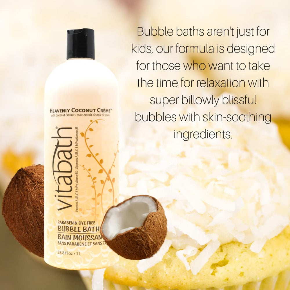 Ingredients panel of Vitabath Heavenly Coconut Creme Bubble Bath highlights vitamins and superfruit blend.