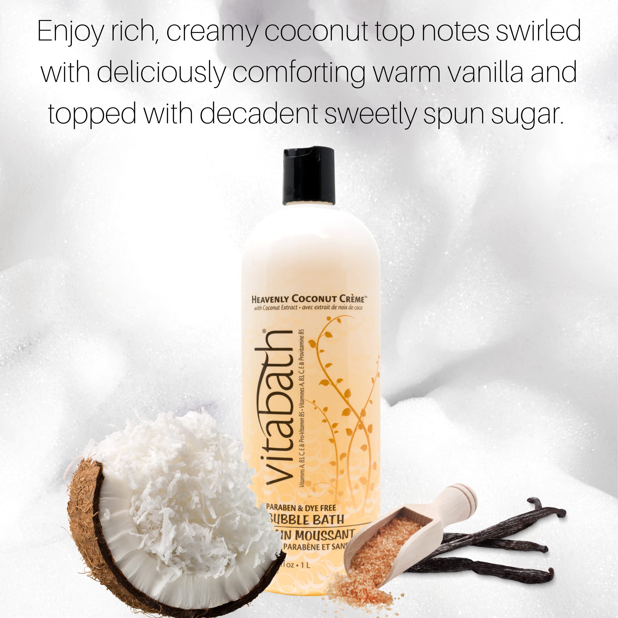 Label of Vitabath Heavenly Coconut Creme Bubble Bath emphasizes vegan and cruelty-free claims.