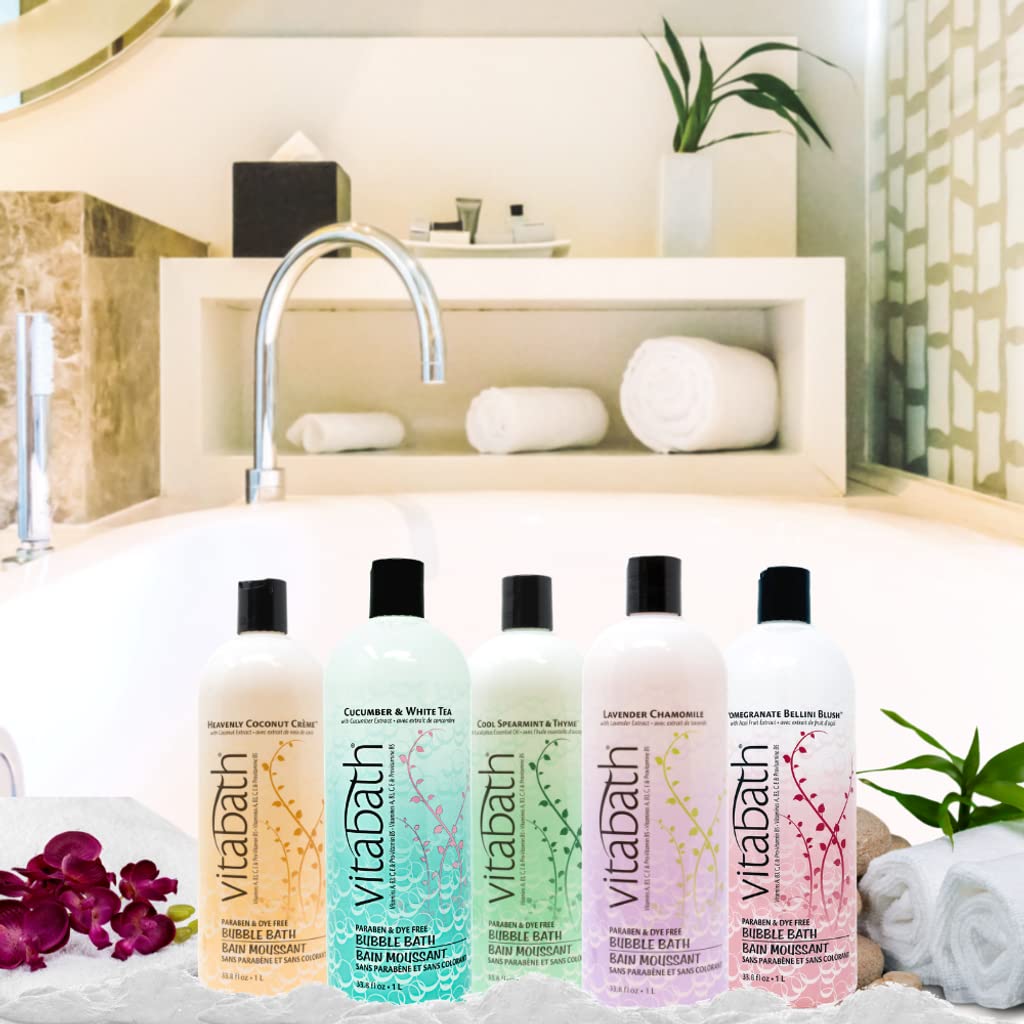 Tabletop setup featuring Vitabath Heavenly Coconut Creme Bubble Bath invites a spa-like ritual.