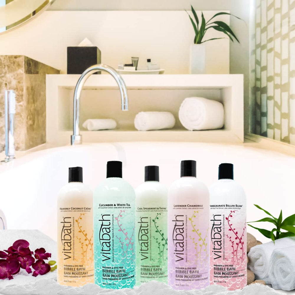Tabletop setup featuring Vitabath Heavenly Coconut Creme Bubble Bath invites a spa-like ritual.