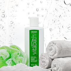 Vitabath Original Spring Green bottle pump close-up suggests gentle cleansing.