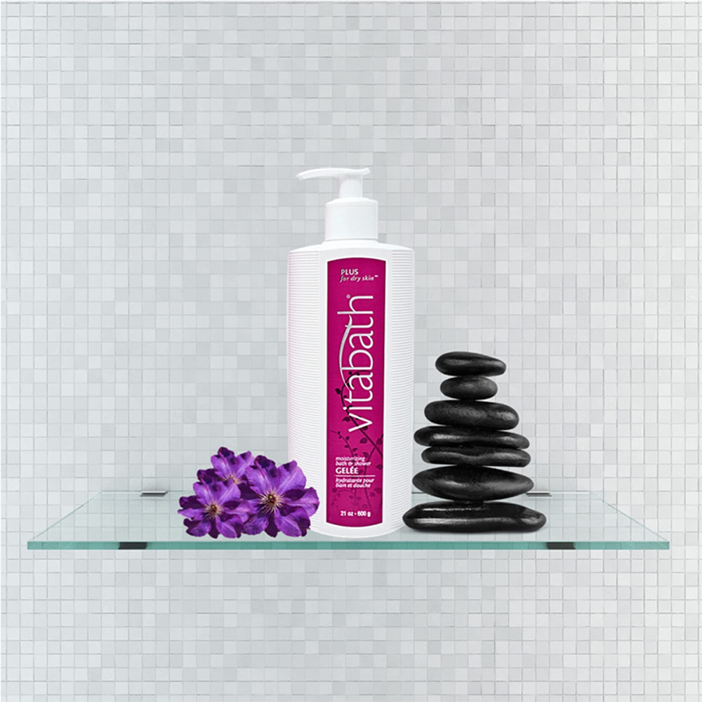 Vitabath Plus barrier-balance skin closeup hints at gentle cleansing that preserves moisture.
