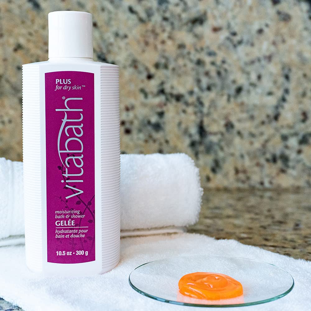 Vitabath Plus creamy gelee texture shows conditioning cleanse with gentle moisturization.
