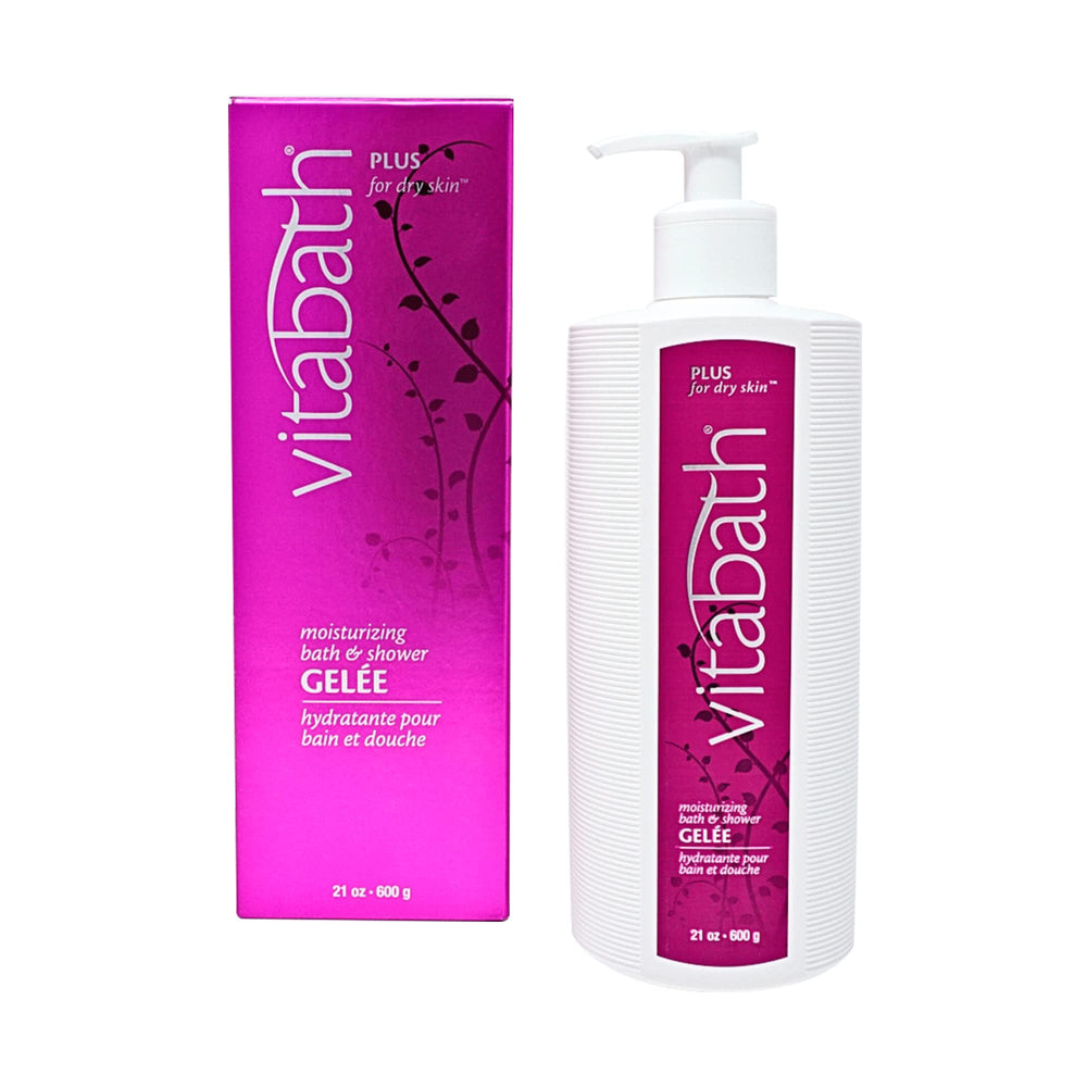 Vitabath Plus dry skin bath gel pump demonstrates a hydrating daily cleanse.