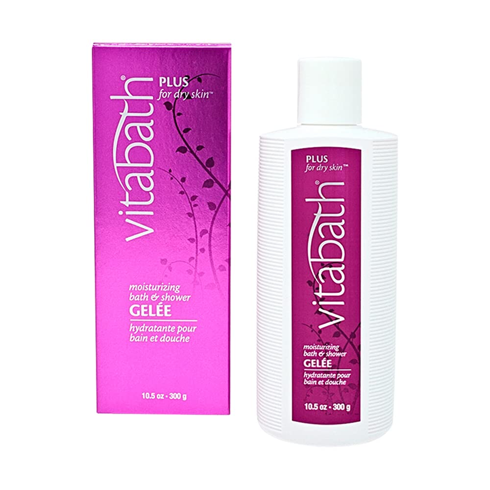 Vitabath Plus dry skin gelee bottle pour demonstrates a nourishing cleanse for dry skin.