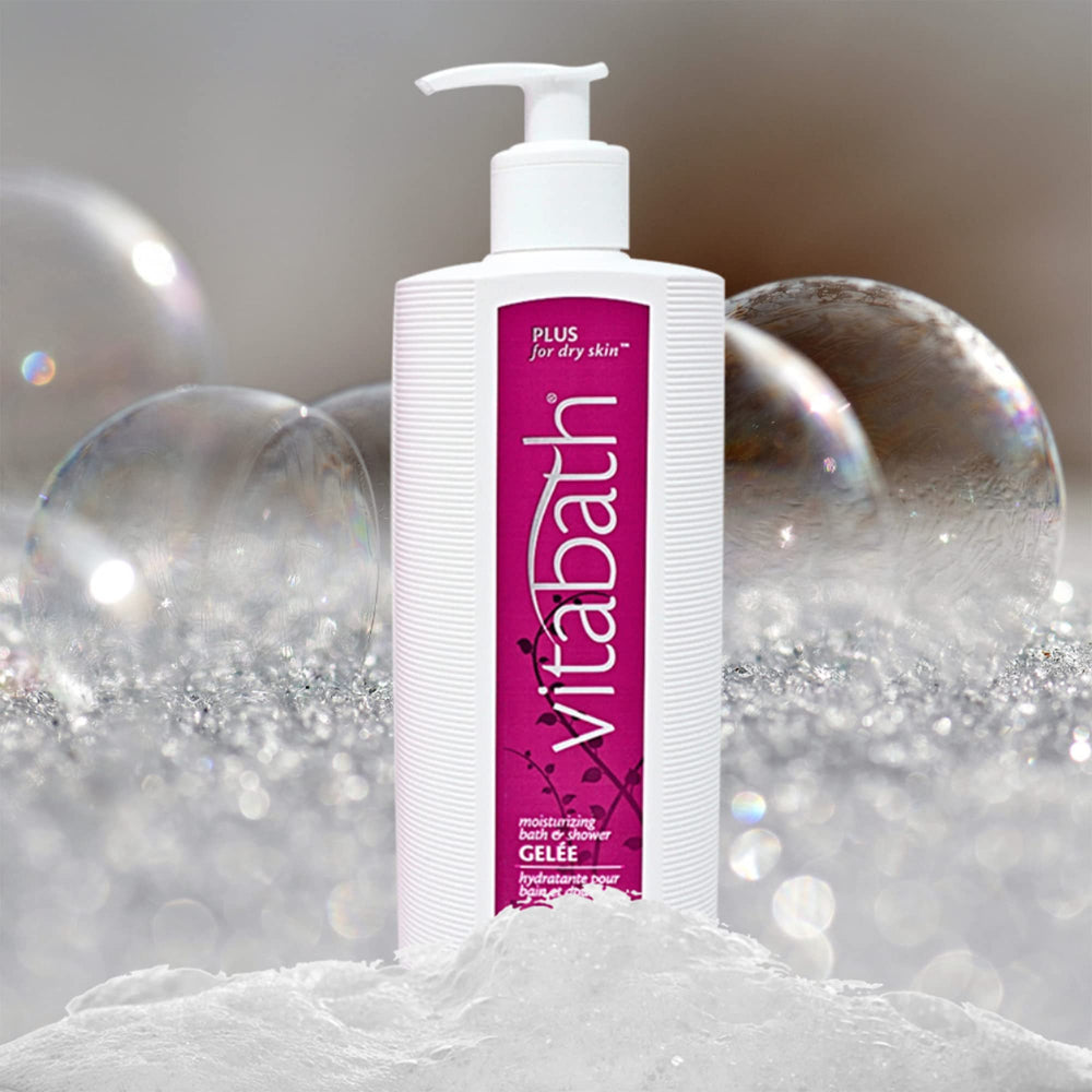 Vitabath Plus replenishing oils bottle highlights nourishing hydration for parched skin.