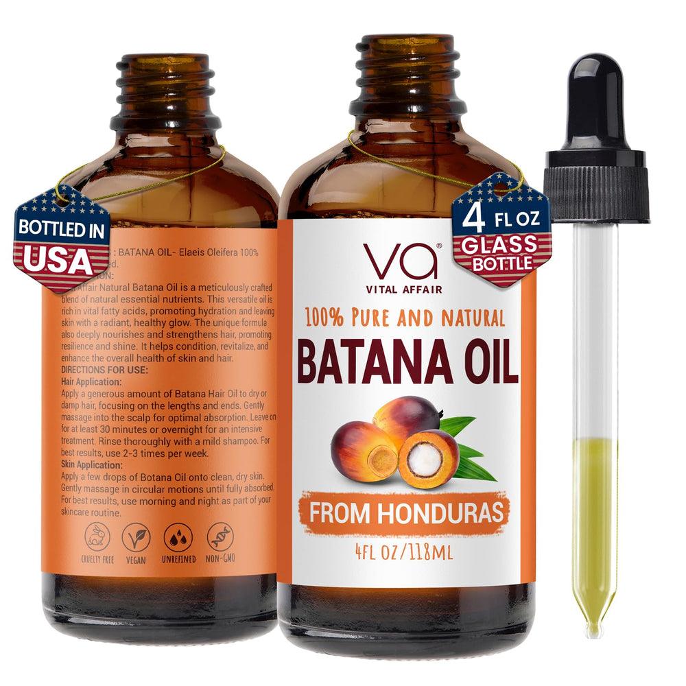 VITAL AFFAIR Batana Oil bottle in glass shows 4oz size for nourishing hair.