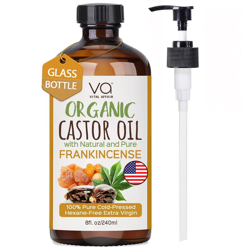Vital Affair castor-frankincense oil bottle highlights pure, versatile care for hair and skin.