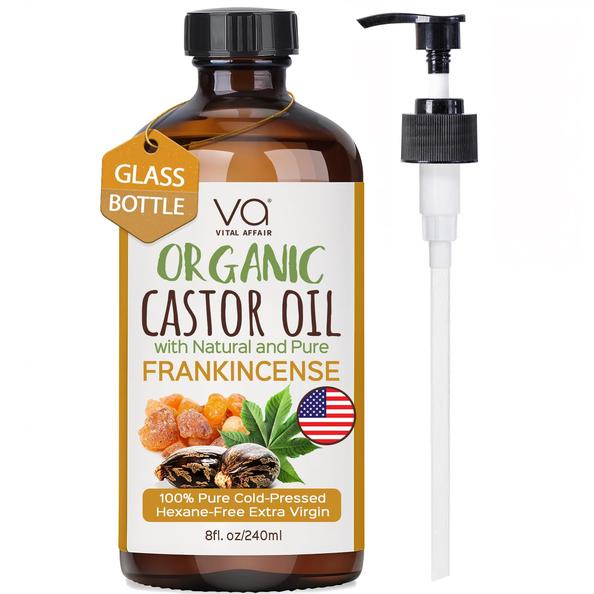 Vital Affair castor-frankincense oil bottle highlights pure, versatile care for hair and skin.