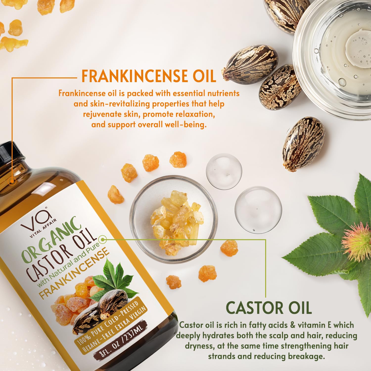 Vital Affair castor-frankincense oil hair-application hydrates and conditions.
