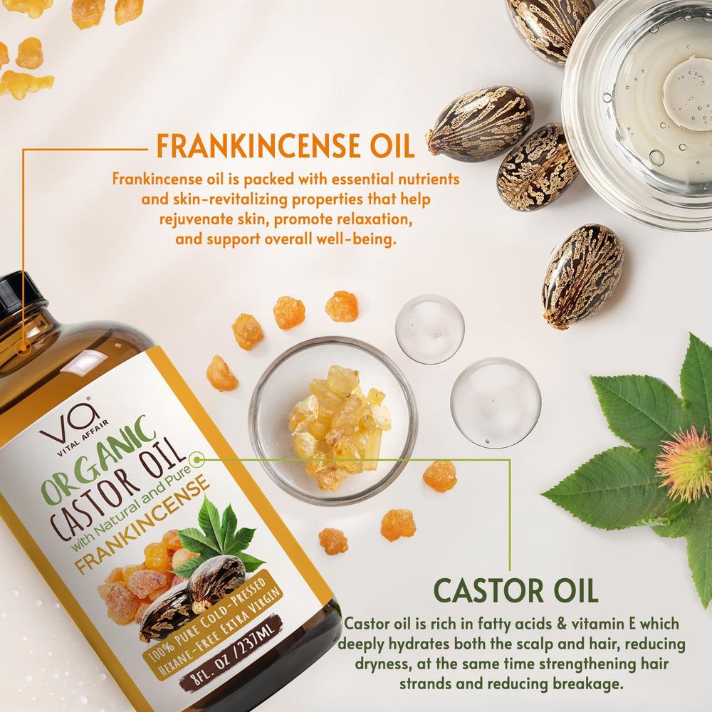 Vital Affair castor-frankincense oil hair-application hydrates and conditions.