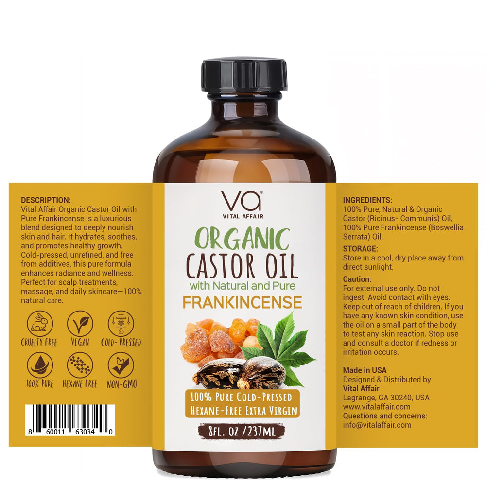 Vital Affair castor-frankincense oil muscle-massage soothing relief potential.