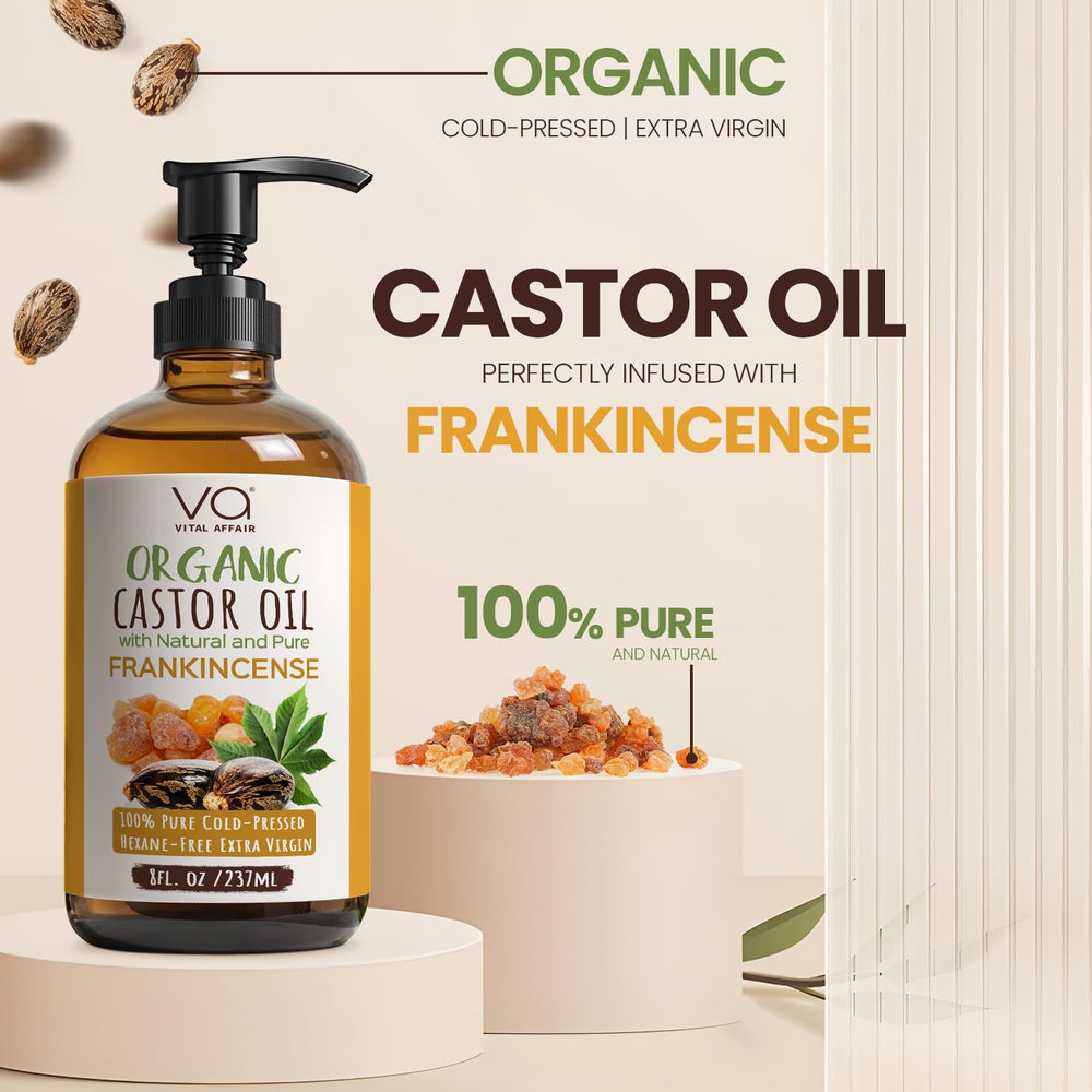 Vital Affair castor-frankincense oil pour demonstrates easy application for soothing routines.