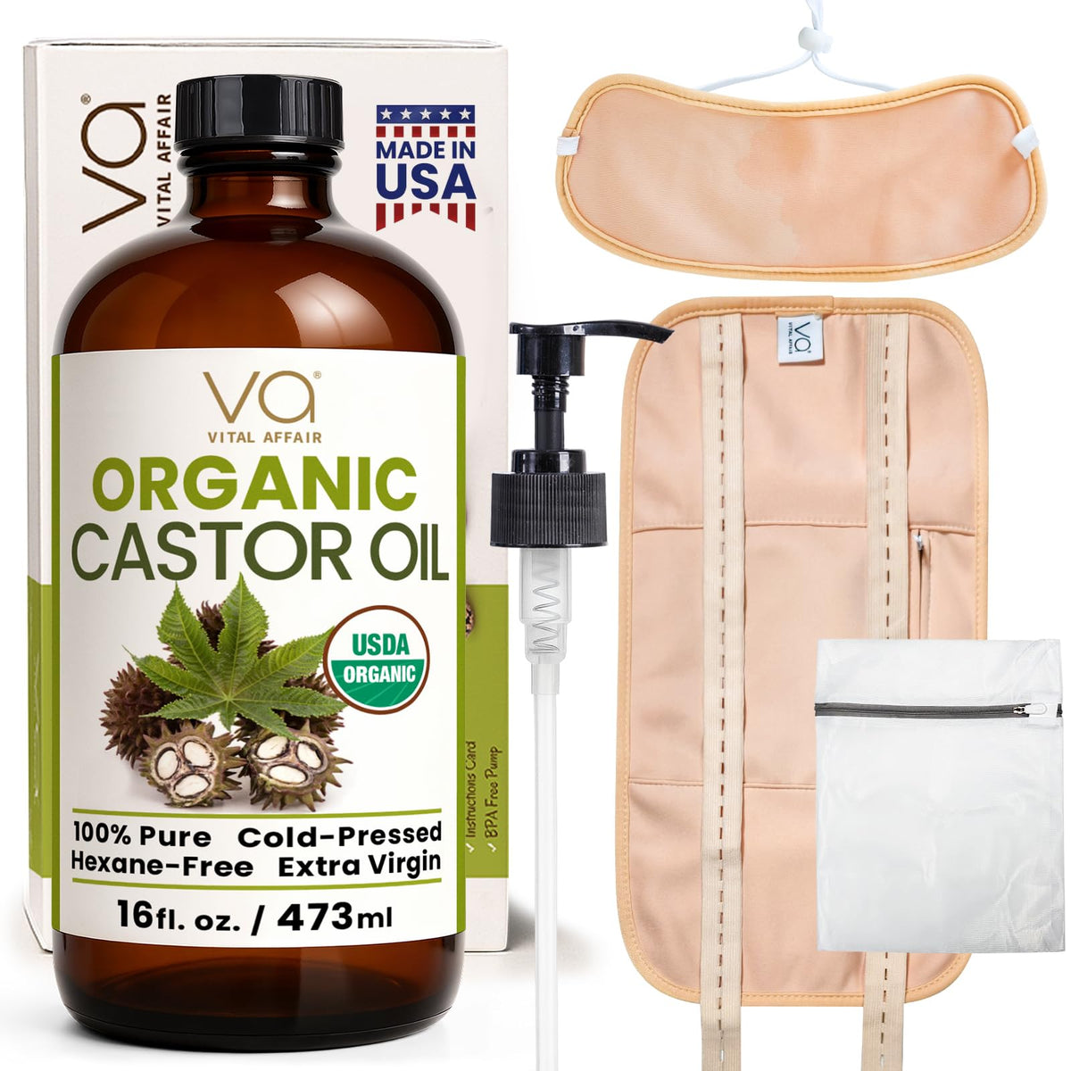 Vital Affair castor oil glass bottle shows purity and freshness.