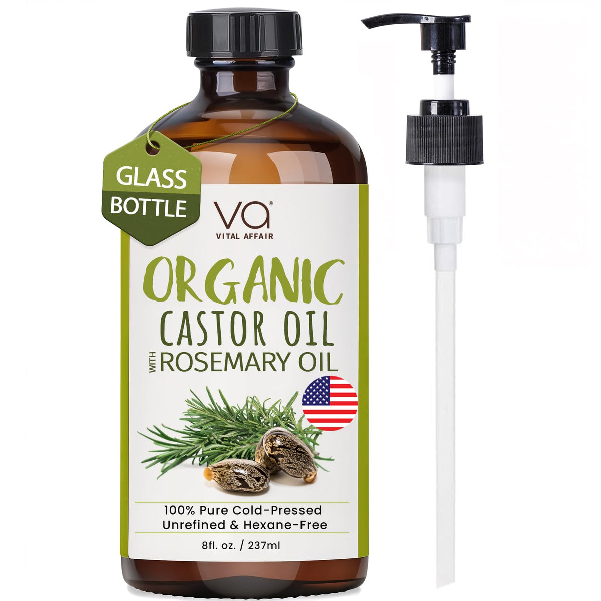 Vital Affair castor oil with rosemary bottle close-up highlights nourishing scalp care.