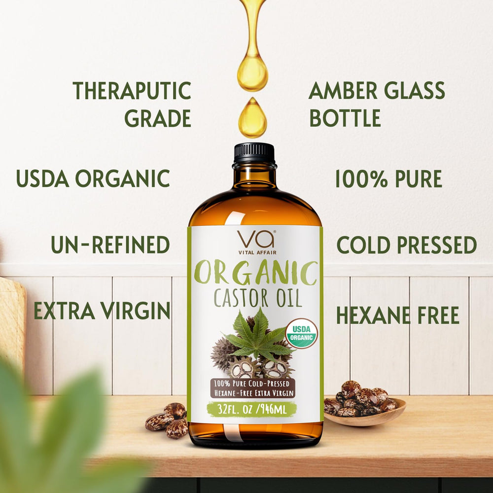 VITAL AFFAIR hexane-free castor oil in a glass bottle preserves purity.