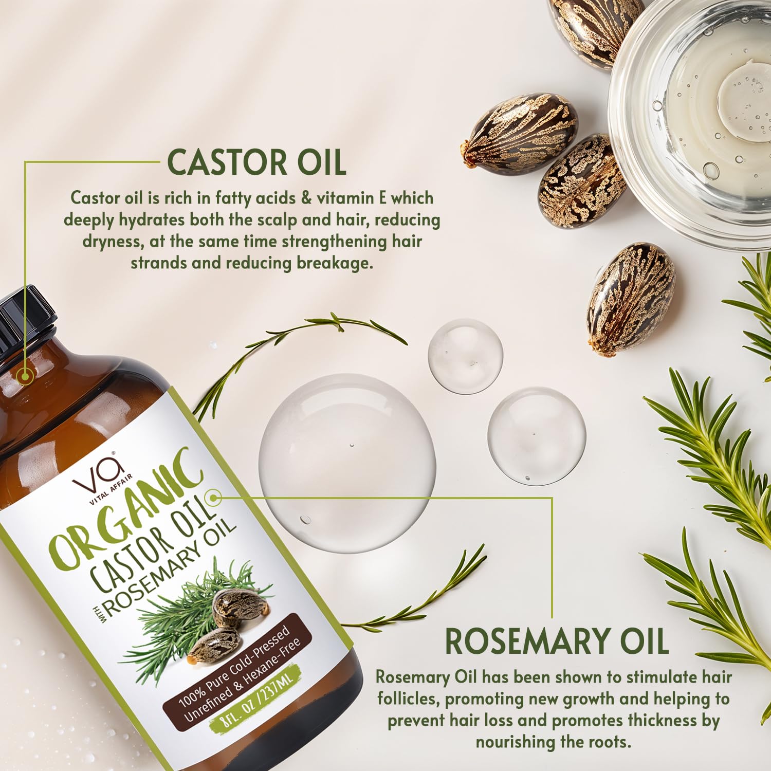 Vital Affair organic castor oil ingredients label close-up signals hexane-free purity.