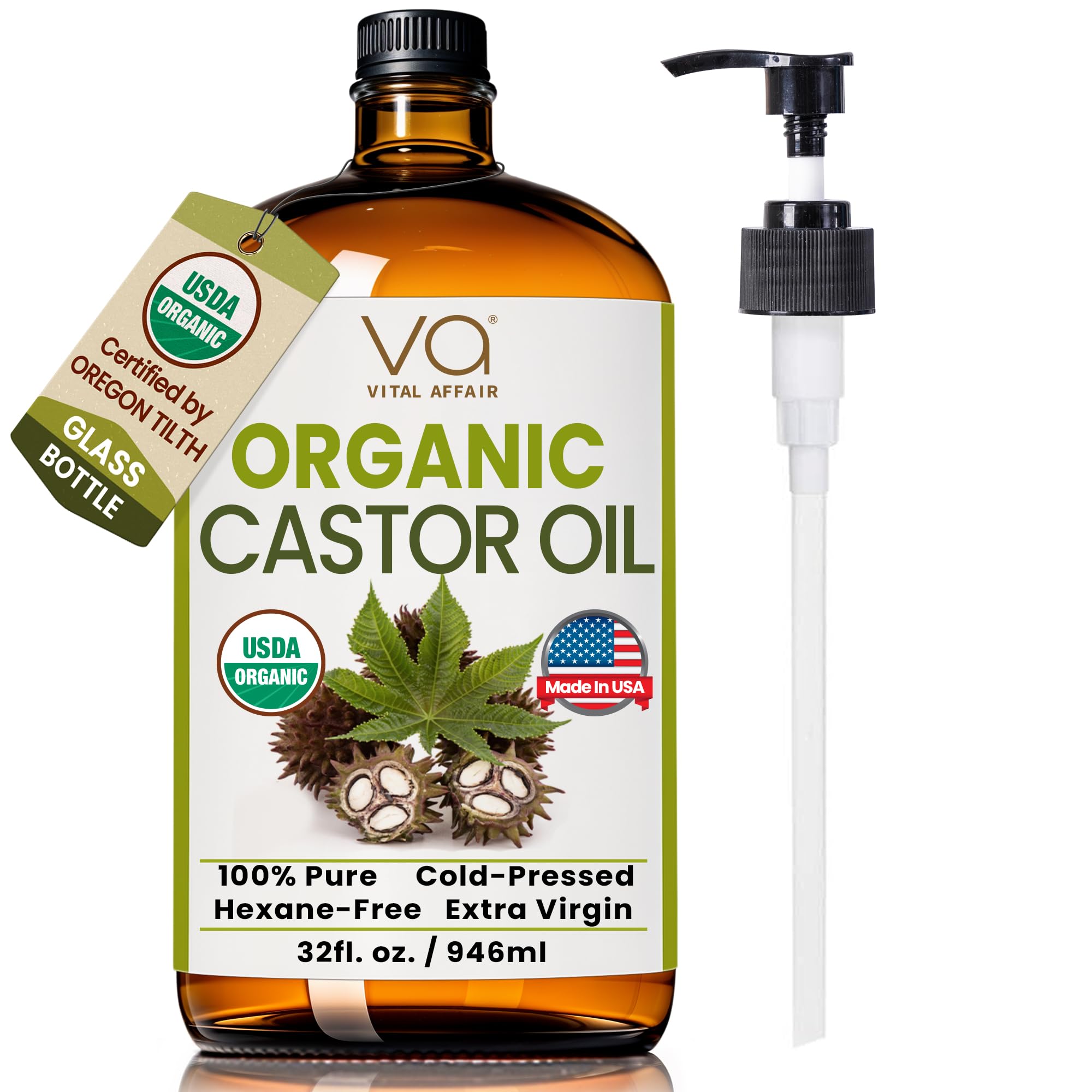 VITAL AFFAIR Pure Organic Castor Oil 32oz bottle with pump for mess-free application.