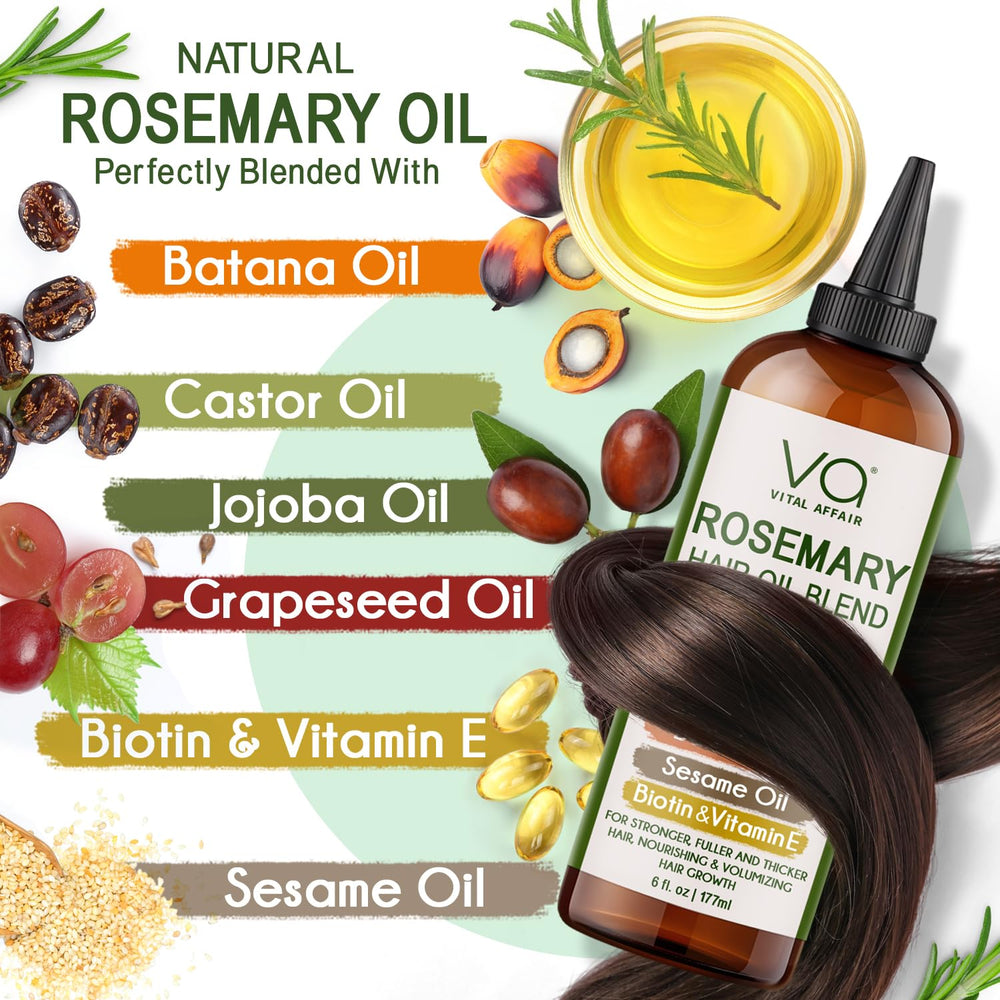 VITAL AFFAIR packaging shows the 6 oz rosemary oil bottle