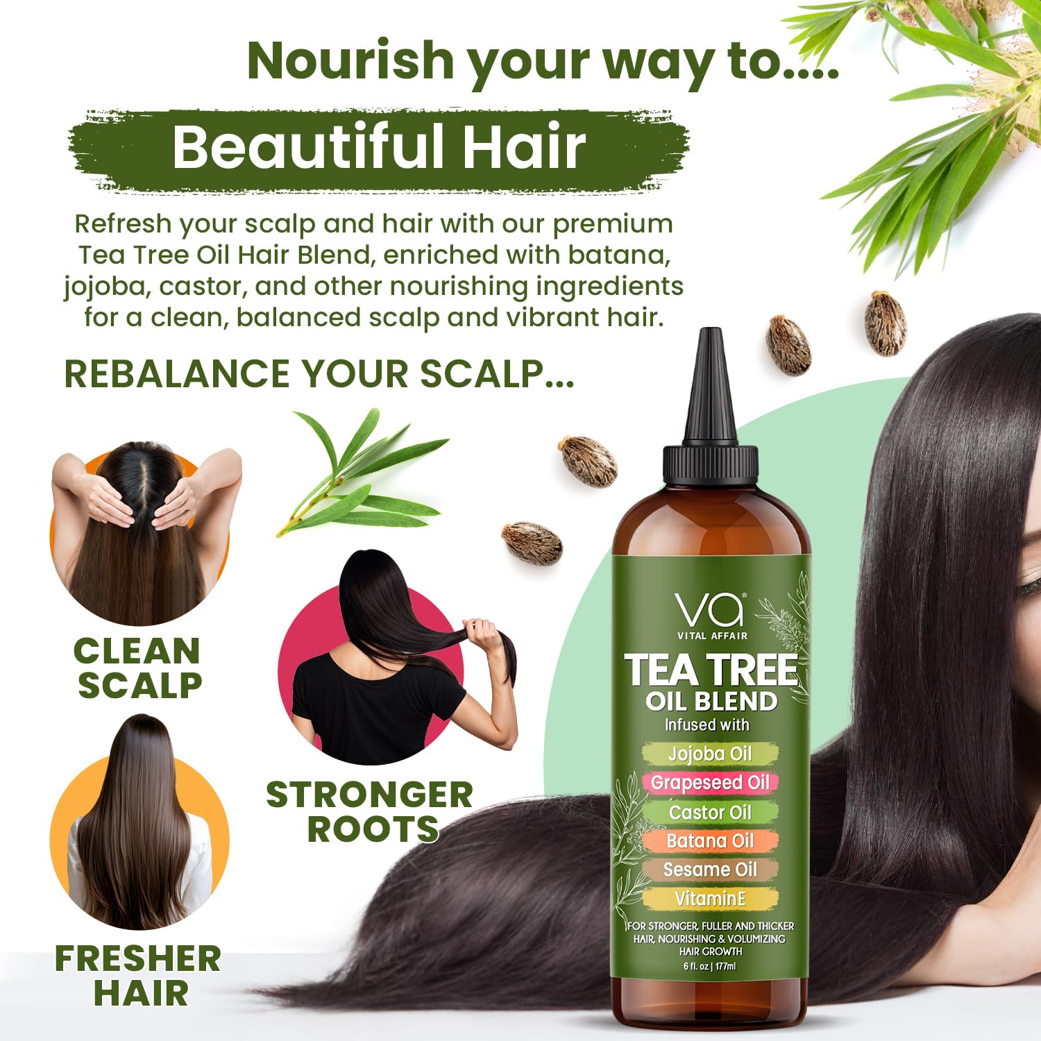 VITAL AFFAIR Tea Tree Hair Oil bottle on counter conveys everyday self-care ritual.