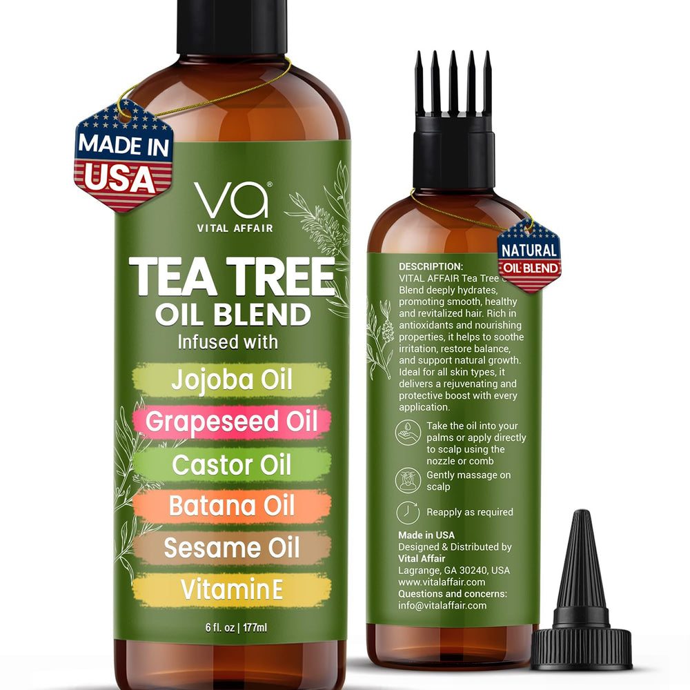 VITAL AFFAIR Tea Tree Hair Oil bottle with pour for soothing scalp and easy application.