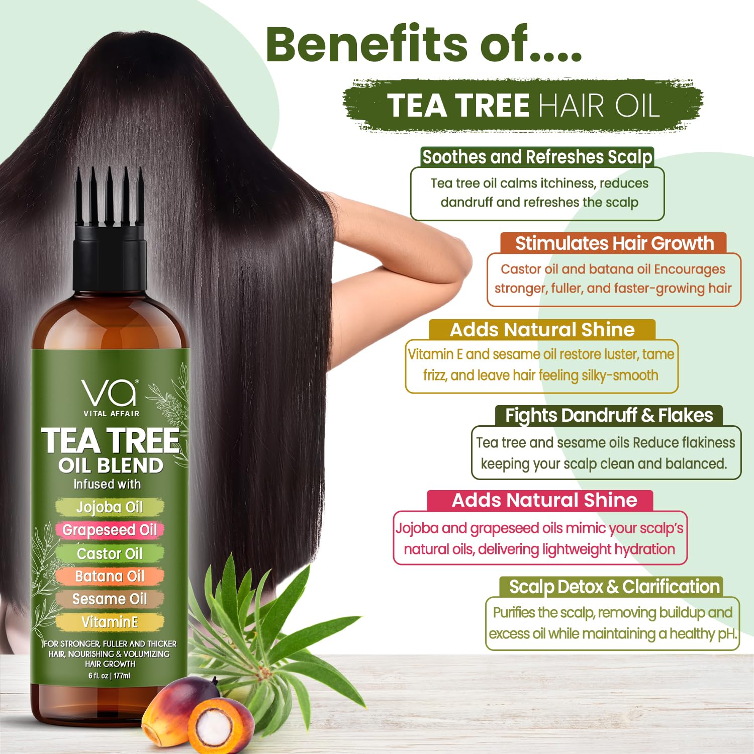VITAL AFFAIR Tea Tree Hair Oil hair shine image suggests healthier-looking strands.