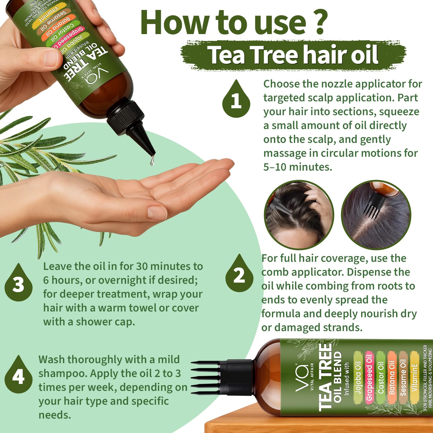VITAL AFFAIR Tea Tree Hair Oil ingredient blend highlights jojoba, castor, batana for nourished strands.