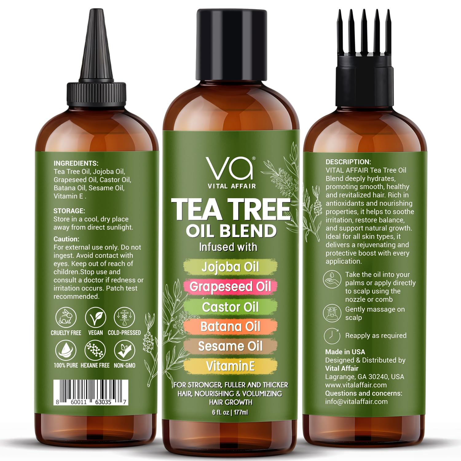VITAL AFFAIR Tea Tree Hair Oil label closeup shows vegan, cruelty-free, paraben-free formula.
