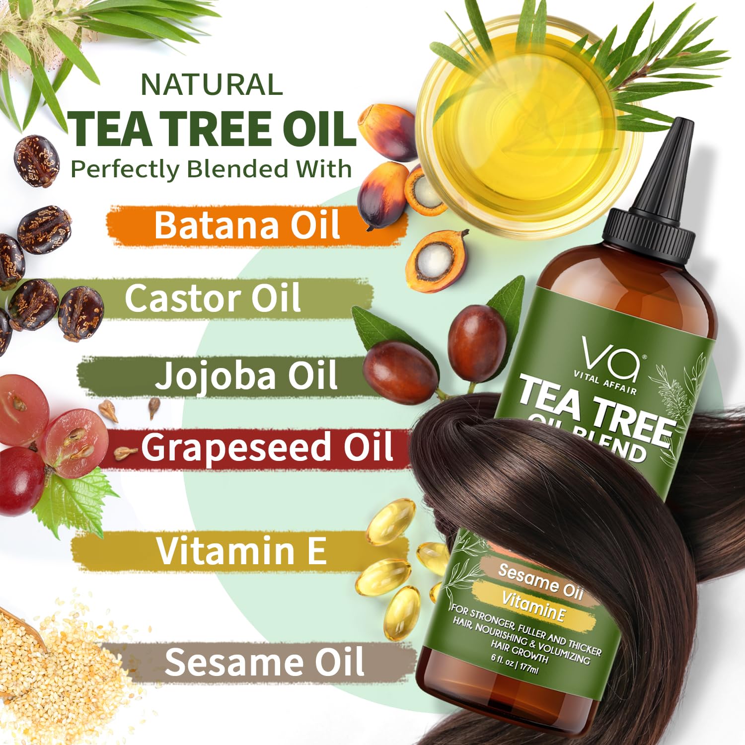 VITAL AFFAIR Tea Tree Hair Oil scalp-application demonstrates easy dropper use.