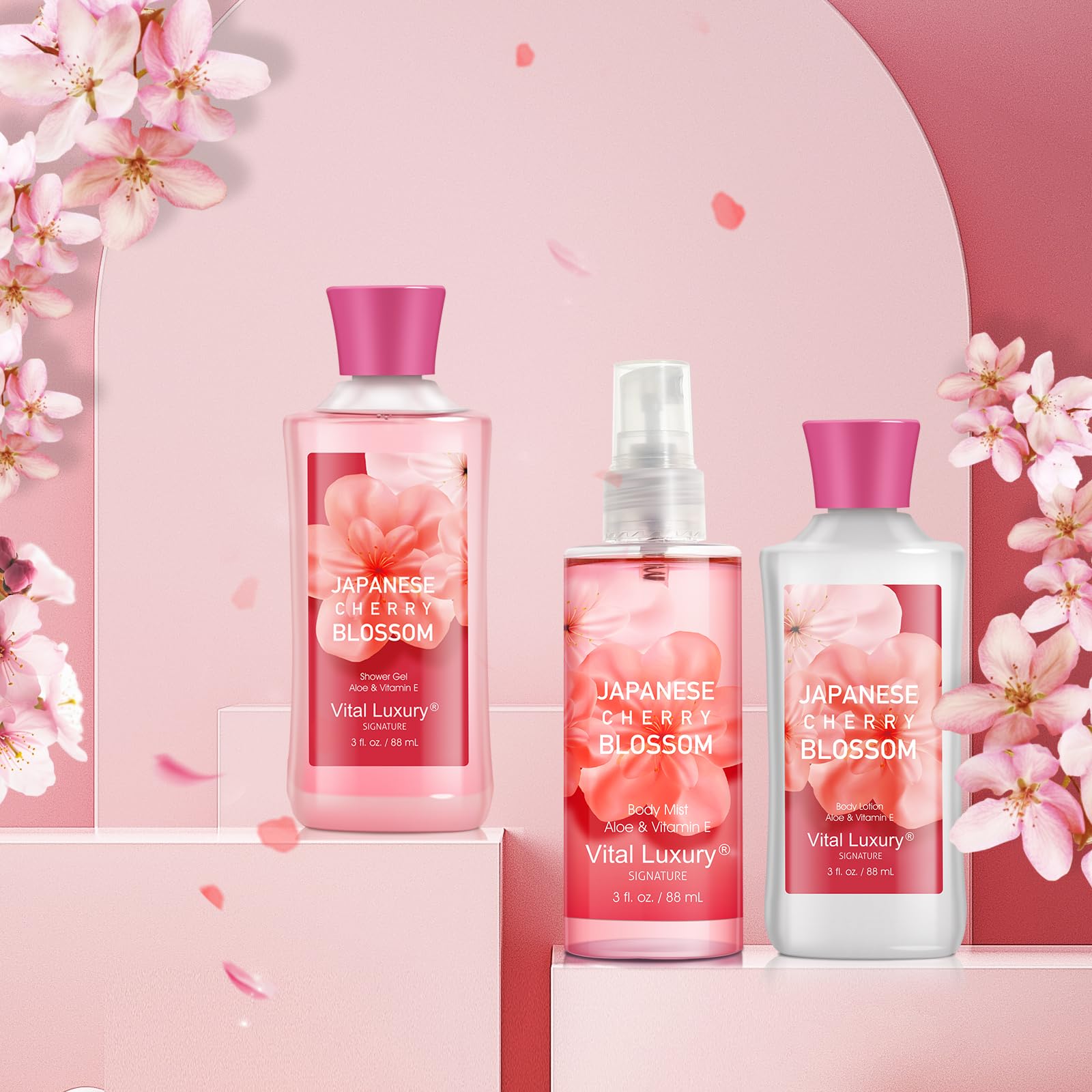 Vital Luxury fragrance mist bottle emphasizing long-lasting cherry blossom scent.
