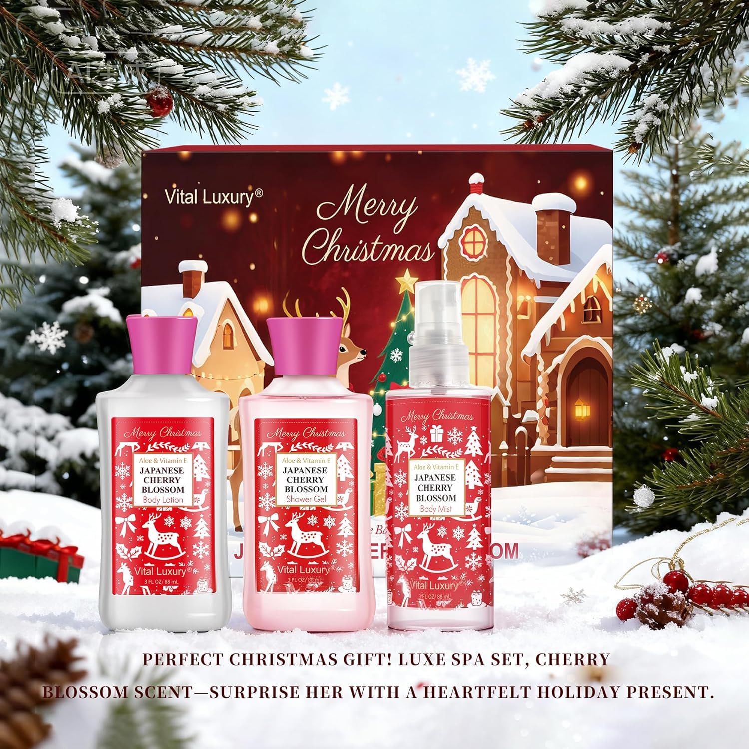 Vital Luxury cherry blossom visuals with festive accents evoke seasonal spa ritual