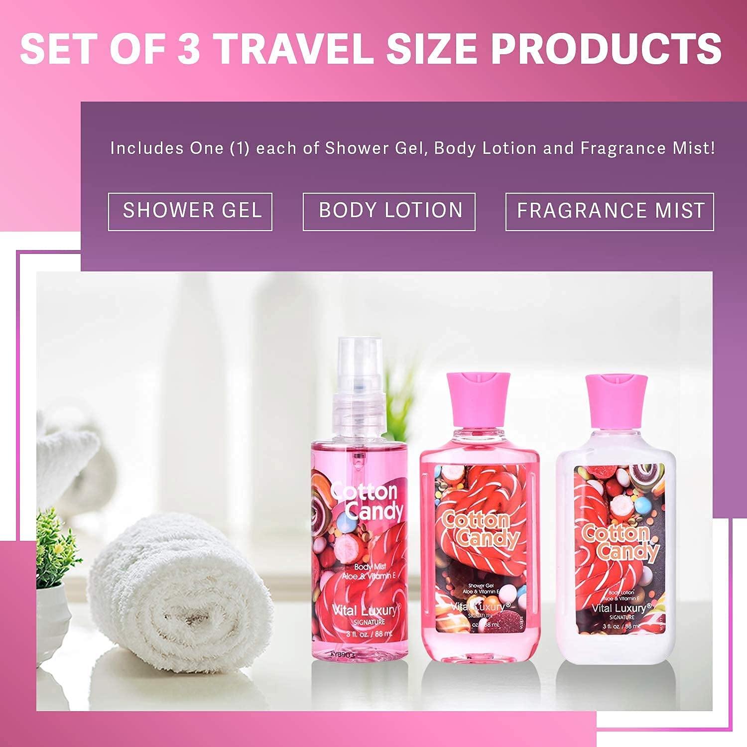 Vital Luxury Cotton Candy Body Mist bottle captures light fragrance for all-day freshness
